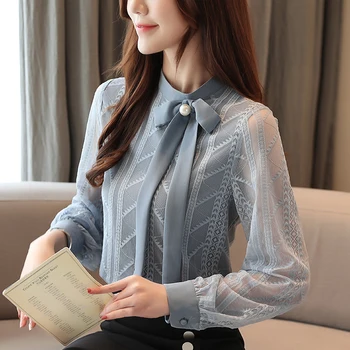 Есенна блуза дамски 2021, дамски блузи с дълъг ръкав и лък копчета, обикновена сини потници за жени, ризи, шифоновые блузи-стелажи, femininas 0344