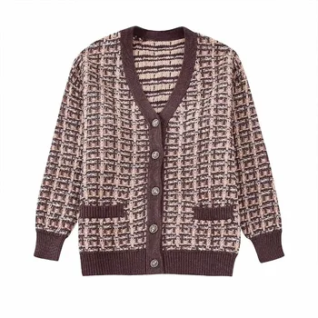 РГО & OYS & ZA/ново есенно-зимно дамско луксозно трикотажное палто с V-образно деколте, имитирующее бижута, копчета, текстура, вязаное палто в тон